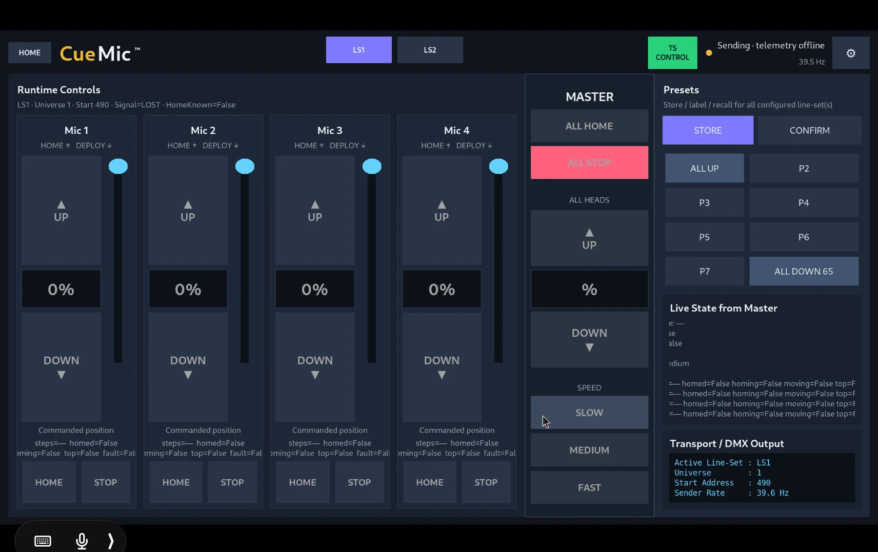 CueMic operator touchscreen interface